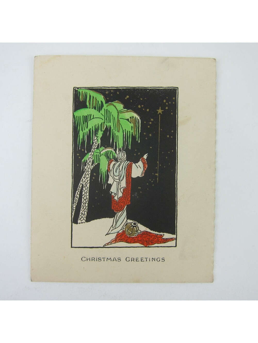 Antique Christmas Card Star of Bethlehem Wise Man Desert Palm Tree Bifold